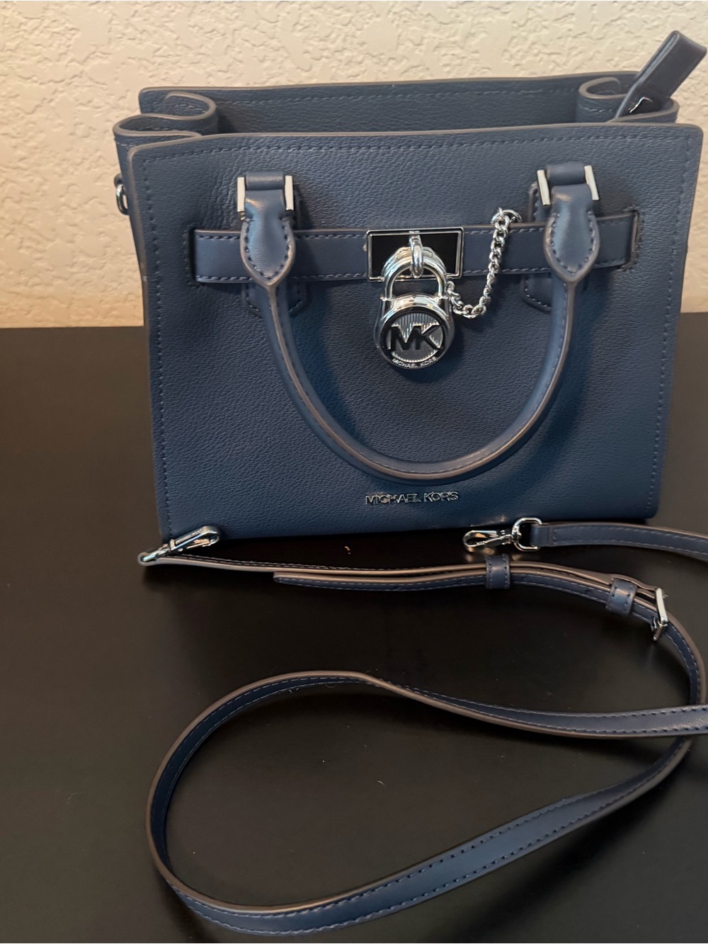 Michael Kors Navy Leather Satchel with MK Lock Charm and Removable Strap